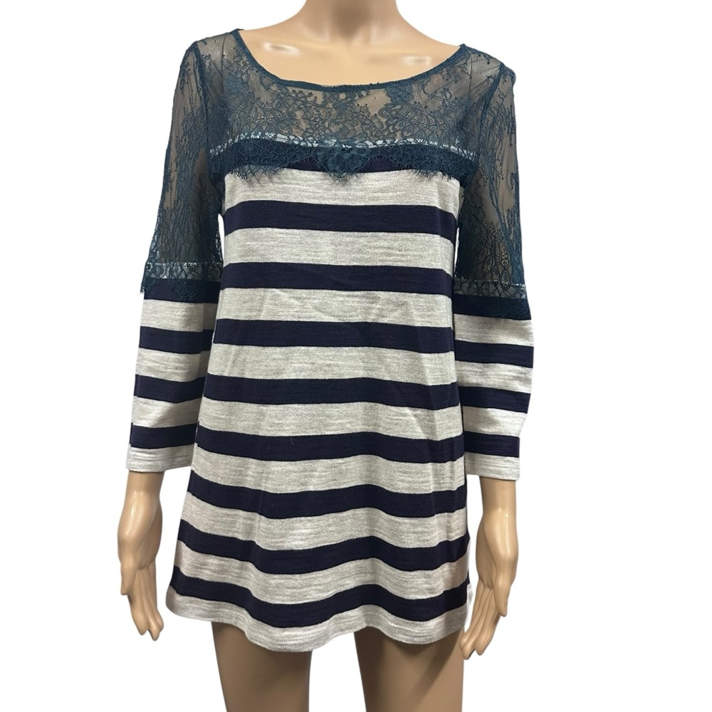 Anthropologie Navy and White Striped Tunic with Lace Detail